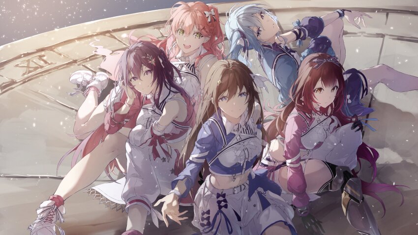 5girls, absurdres, asahi_tsujino, azki_(hololive), bare_shoulders, blue_eyes, blue_hair, blue_shirt