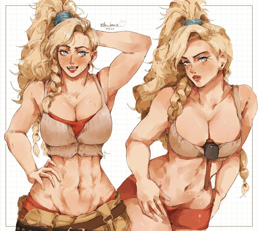 1girl, arm_up, asymmetrical_hair, between_breasts, blonde_hair, blue_eyes, blush, bon_drawr