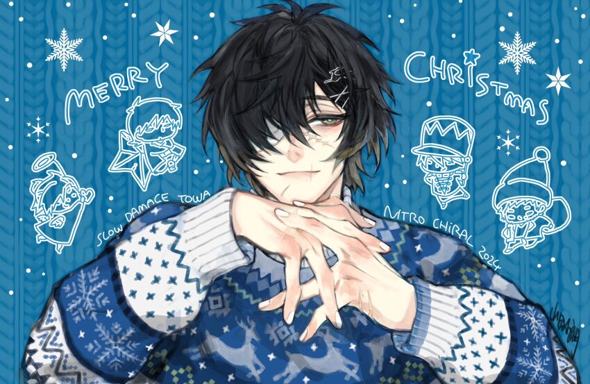 1boy, 2024, black_hair, blonde_hair, blue_sweater, character_name, christmas_sweater, closed_mouth