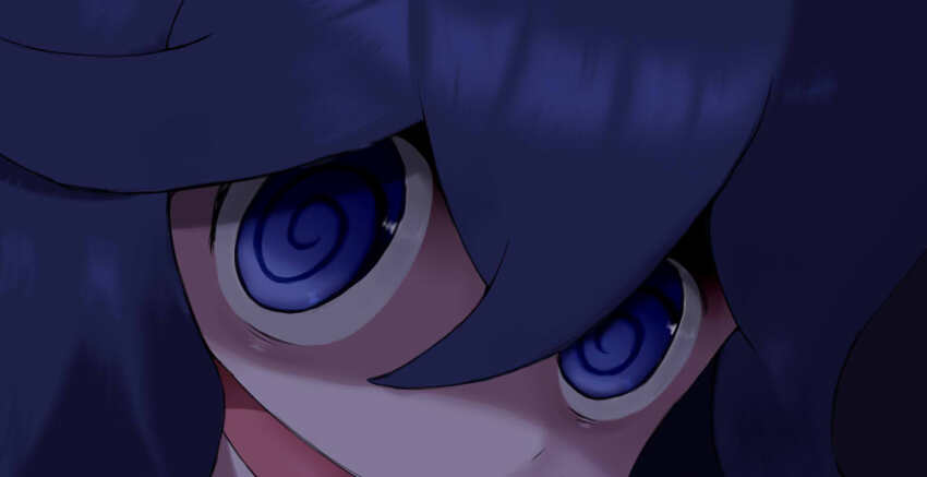 1girl, :d, @_@, black_hair, blue_eyes, close-up, commentary, donrhy96