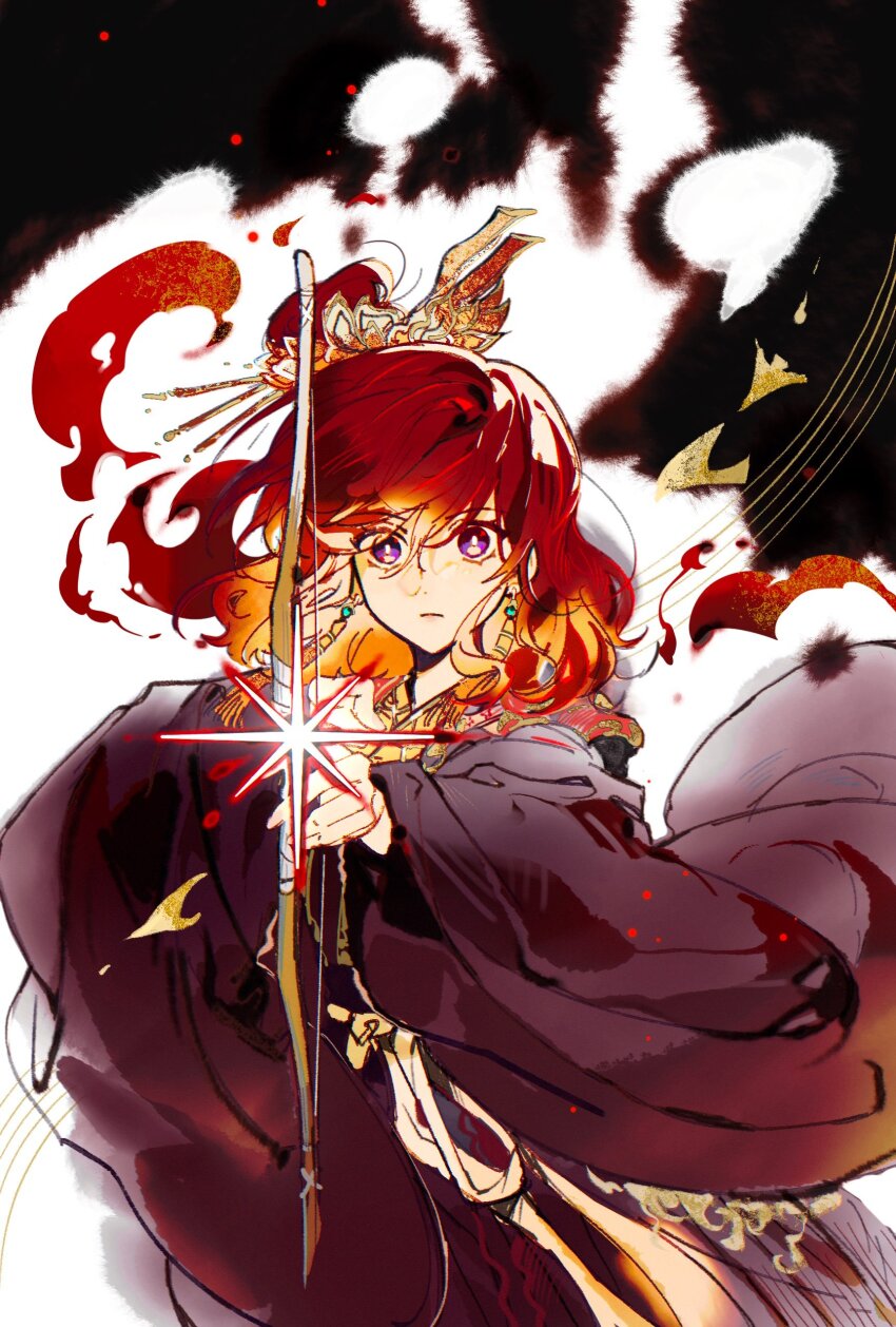 1girl, absurdres, aiming, aiming_at_viewer, akatsuki_no_yona, bow_(weapon), closed_mouth, earrings