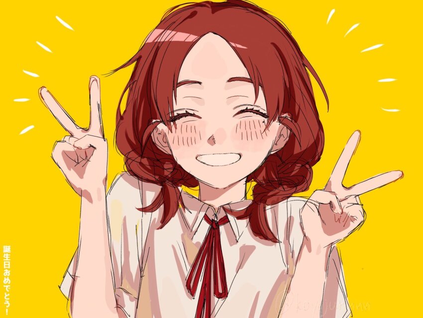 1girl, ^_^, blush, braid, brown_hair, closed_eyes, collared_shirt, commentary