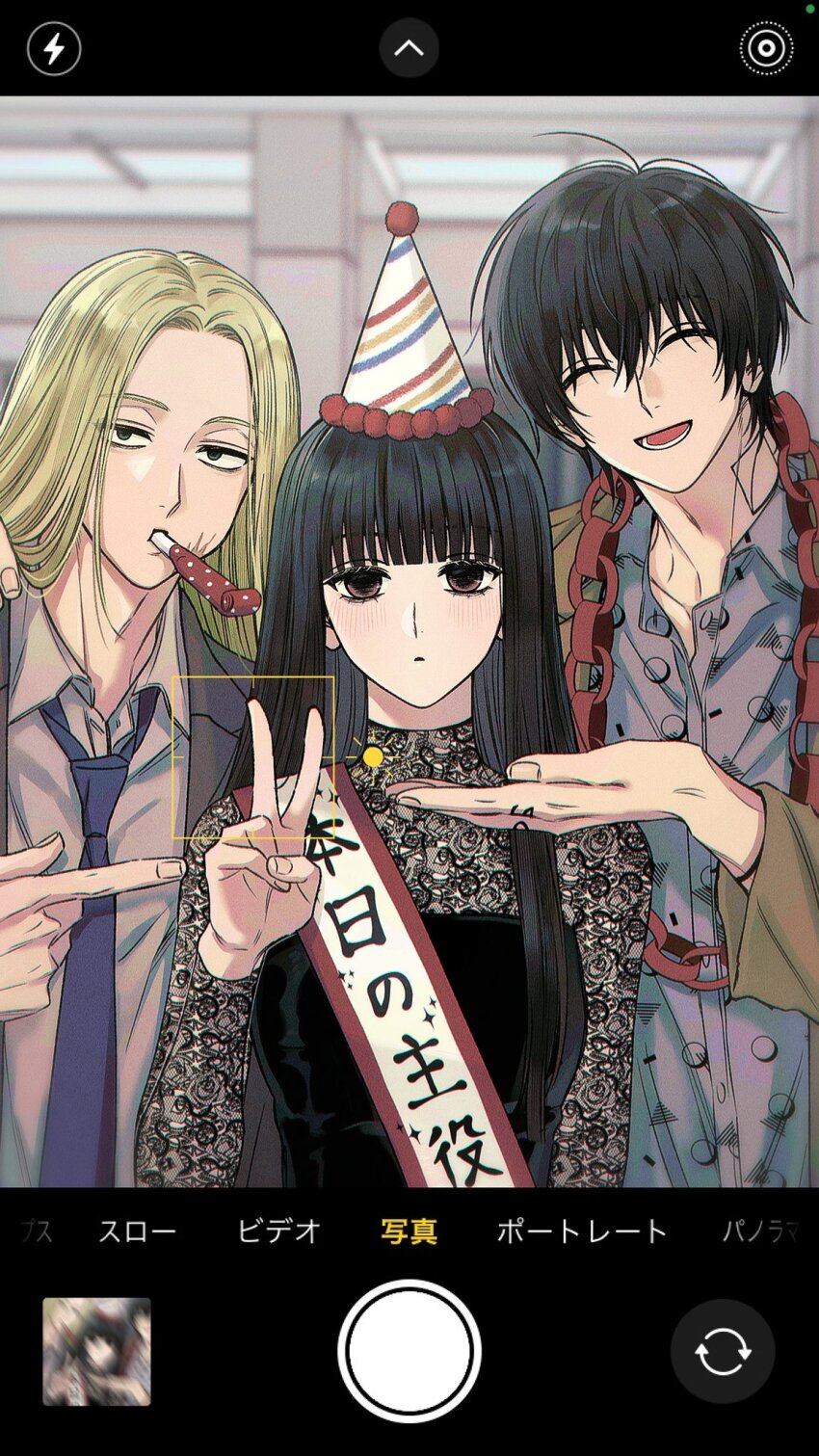 1girl, 2boys, adam's_apple, antenna_hair, black_dress, black_eyes, black_hair, blonde_hair, blue_necktie, blurry, boy_sandwich, brown_coat, brown_eyes, closed_eyes, closed_mouth, coat, collarbone, collared_shirt, conical_hat, depth_of_field, dress, empty_eyes, expressionless, fingernails, forehead, grey_jacket, grey_shirt, grin, hand_tattoo, hand_up, head_tilt, height_difference, highres, indoors, jacket, jitome, kuroiisana, lace_trim, leaning_to_the_side, light_blush, long_hair, long_sleeves, looking_at_viewer, lower_teeth_only, multiple_boys, nagumo_(sakamoto_days), neck_tattoo, necktie, open_clothes, open_coat, open_jacket, osaragi_(sakamoto_days), party_horn, pointing, pointing_at_another, sakamoto_days, sandwiched, sanpaku, scar, scar_on_chin, scar_on_face, shirt, shishiba_(sakamoto_days), short_hair, smile, straight_hair, tattoo, teeth, upper_body, v, very_long_hair, viewfinder, white_shirt