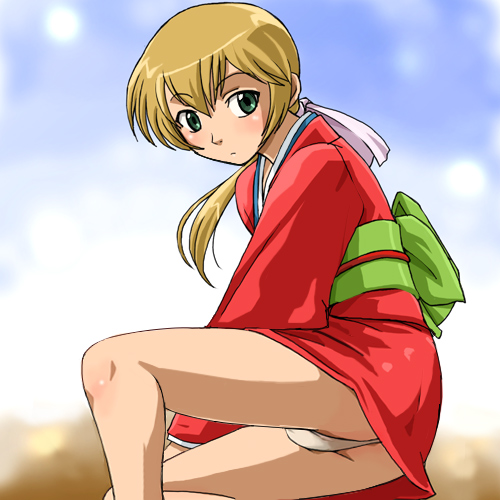 1girl, ass, blonde_hair, blush, female_focus, from_behind, green_eyes, hair_ribbon, haruyama_kazunori, japanese_clothes, kimono, long_sleeves, looking_at_viewer, lowres, oni, panties, pantyshot, ponytail, ribbon, samurai_deeper_kyo, shiina_yuya, short_hair, sitting, solo, underwear, wide_sleeves, yokozuwari