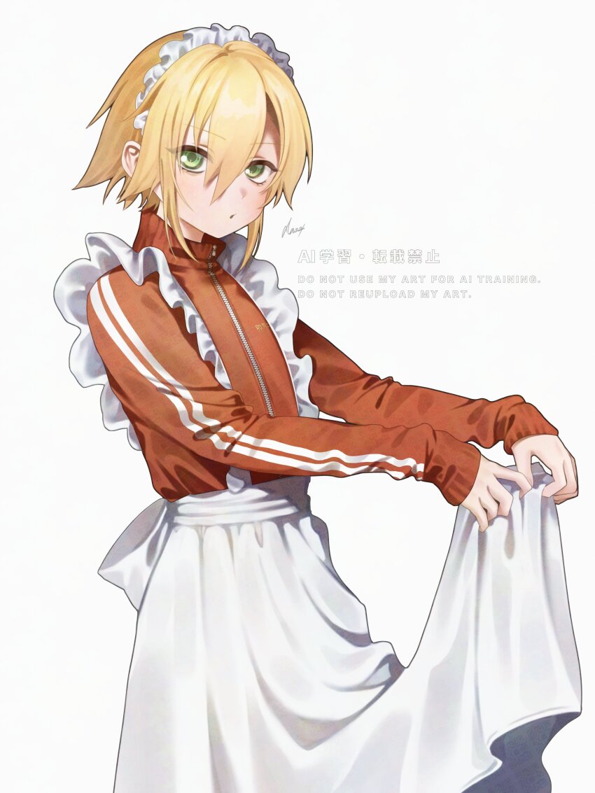 1boy, absurdres, alternate_costume, apron, apron_lift, blonde_hair, character_name, clothes_lift