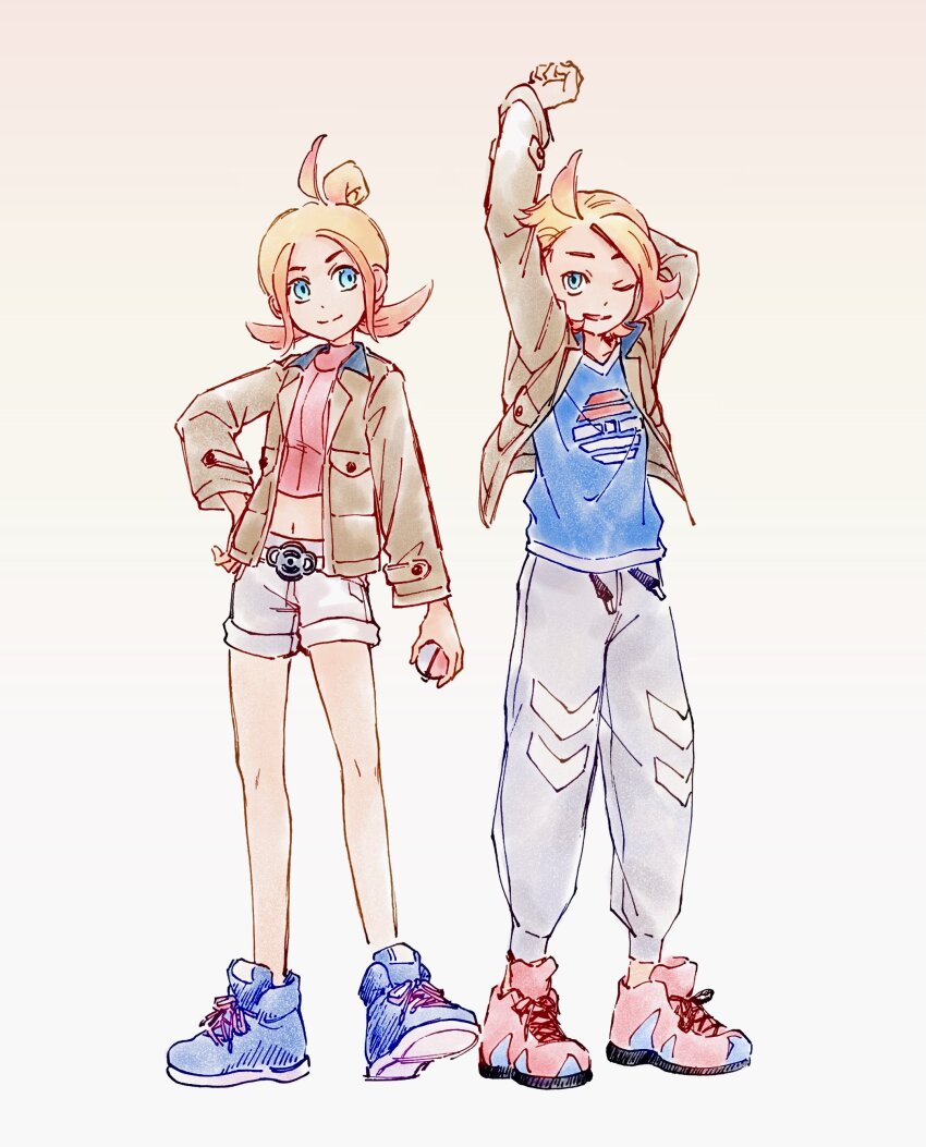 1boy, 1girl, absurdres, arm_up, blue_eyes, blue_shirt, blue_shoes, brown_jacket