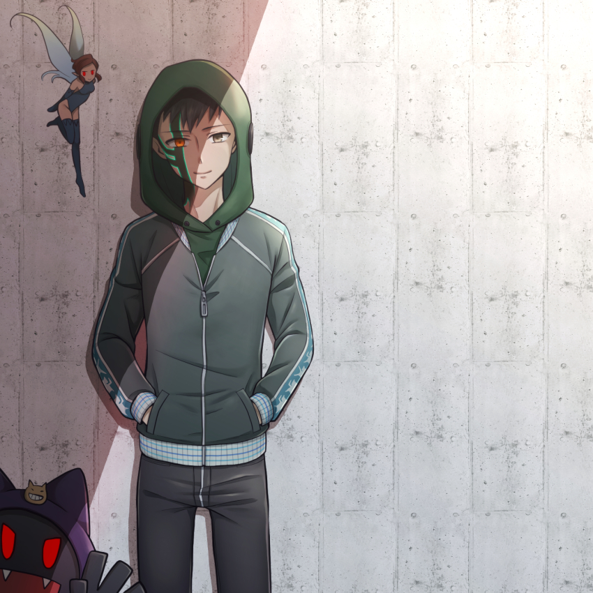 1boy, 1girl, 1other, black_frost, black_hair, blue_gloves, blue_leotard, blue_thighhighs