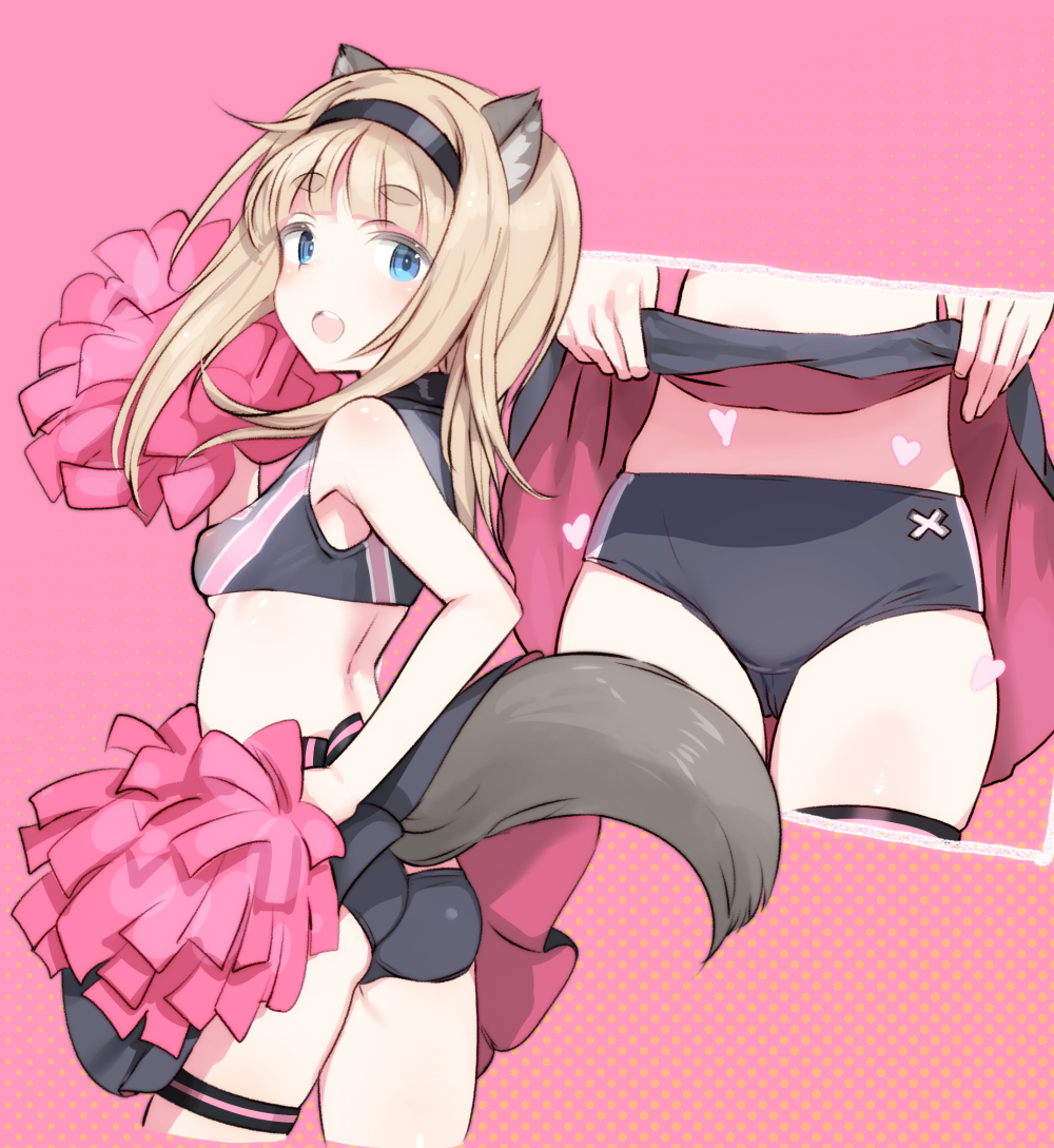 1girl, animal_ear_fluff, animal_ears, ass, bike_shorts, black_dress, black_panties, blue_eyes, bra, cheerleader, clothes_lift, covered_erect_nipples, dress, from_behind, hairband, heart, lifted_by_tail, long_hair, looking_back, luminous_witches, maria_magdalena_dietrich, open_mouth, panties, pink_background, pom_pom_(cheerleading), ponytail, see-through_bra, see-through_clothes, shimada_fumikane, short_dress, simple_background, skirt, skirt_lift, sleeveless, sleeveless_dress, sports_bra, squirrel_ears, squirrel_girl, squirrel_tail, standing, tail, tail_raised, thigh_strap, thighs, underwear, world_witches_series