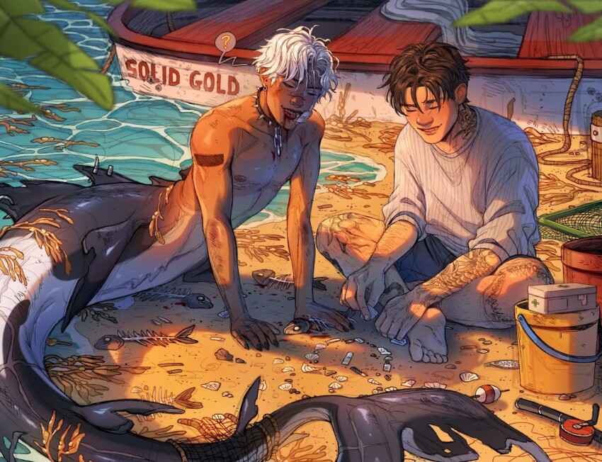 2boys, ?, arm_support, arm_tattoo, bandage_on_face, bandages, bandaid, bandaid_on_arm