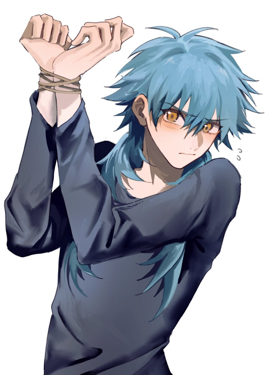 1boy, :/, arms_up, black_shirt, blue_hair, bound, bound_wrists, closed_mouth