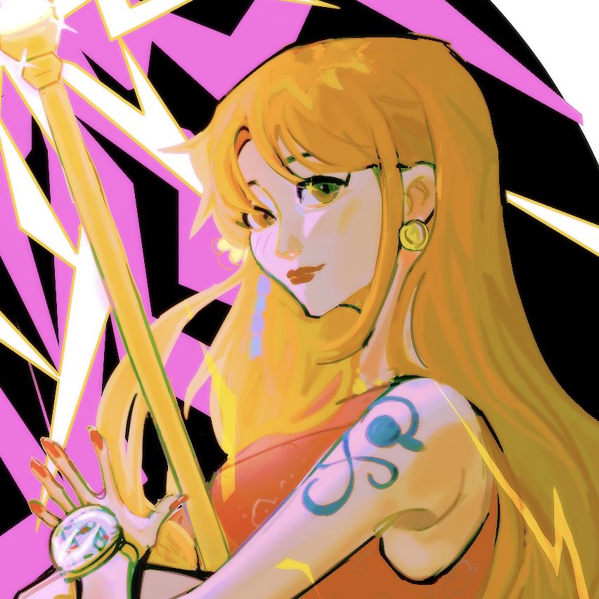 1girl, arm_tattoo, bare_shoulders, clima-tact, closed_mouth, commentary, earrings, electricity