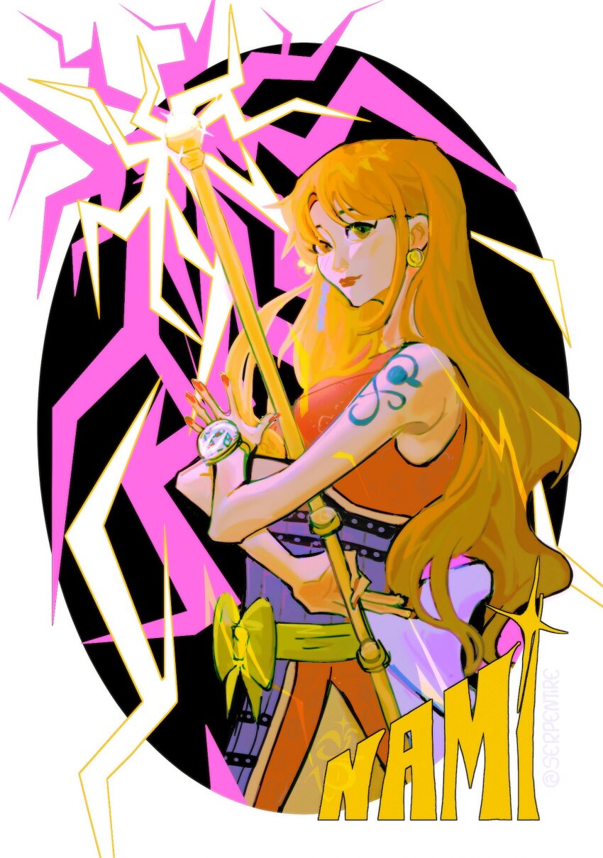 1girl, arm_tattoo, bare_shoulders, character_name, clima-tact, closed_mouth, commentary, cowboy_shot