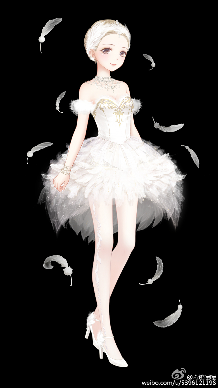 1girl, artist_request, ballerina, bare_shoulders, black_background, bracelet, breasts, brown_eyes, brown_hair, chinese_commentary, cleavage, closed_mouth, collarbone, commentary_request, detached_sleeves, dot_nose, dress, feather-trimmed_dress, feather-trimmed_shoes, feather_hair_ornament, feathers, forehead, full_body, fur_sleeves, hair_bun, hair_ornament, happy, high_heels, highres, jewelry, light_blush, lipstick, looking_at_viewer, makeup, medium_breasts, miracle_nikki, necklace, nikki_(series), official_art, pink_lips, second-party_source, shoes, short_dress, short_hair, simple_background, single_hair_bun, smile, solo, standing, strapless, strapless_dress, swan_lake, tachi-e, updo, watermark, weibo_watermark, white_dress, white_shoes, white_sleeves, white_swan_(miracle_nikki)