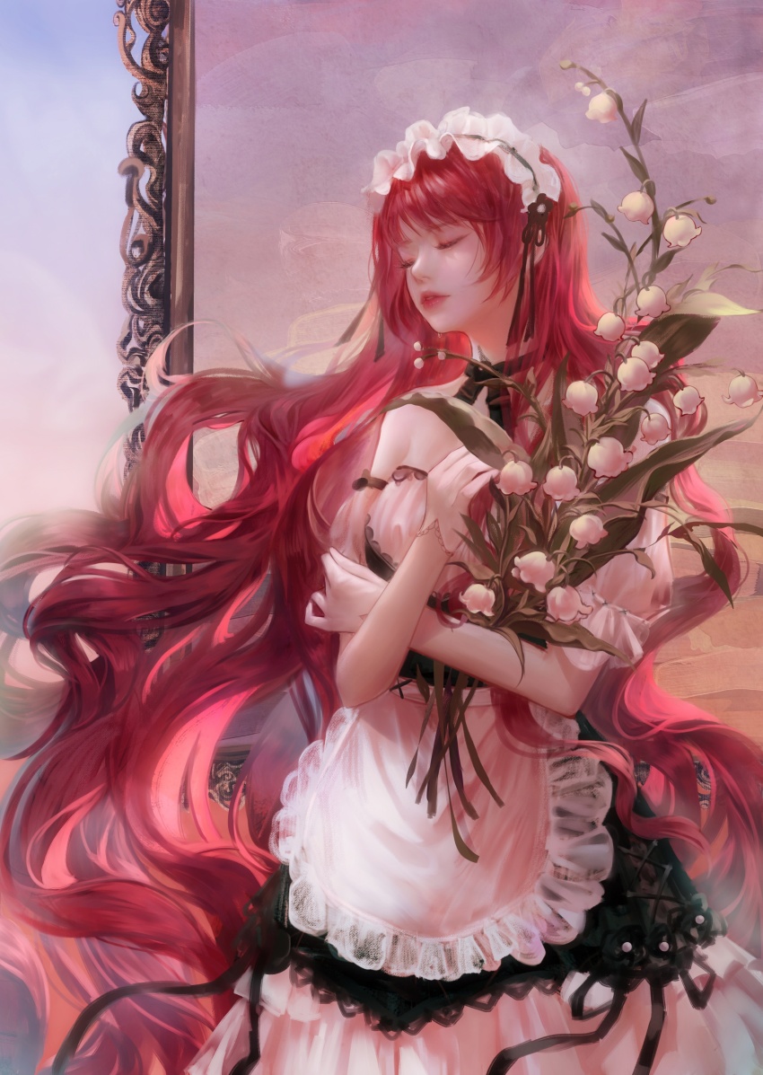 1girl, absurdres, apron, bare_shoulders, black_choker, black_dress, black_flower, black_hairband