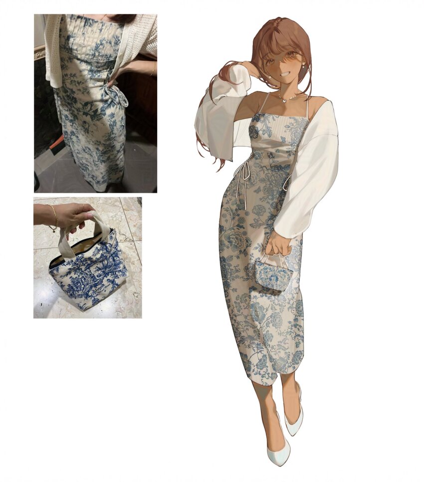 1girl, artist_self-insert, bag, brown_eyes, brown_hair, cardigan, commentary, dress