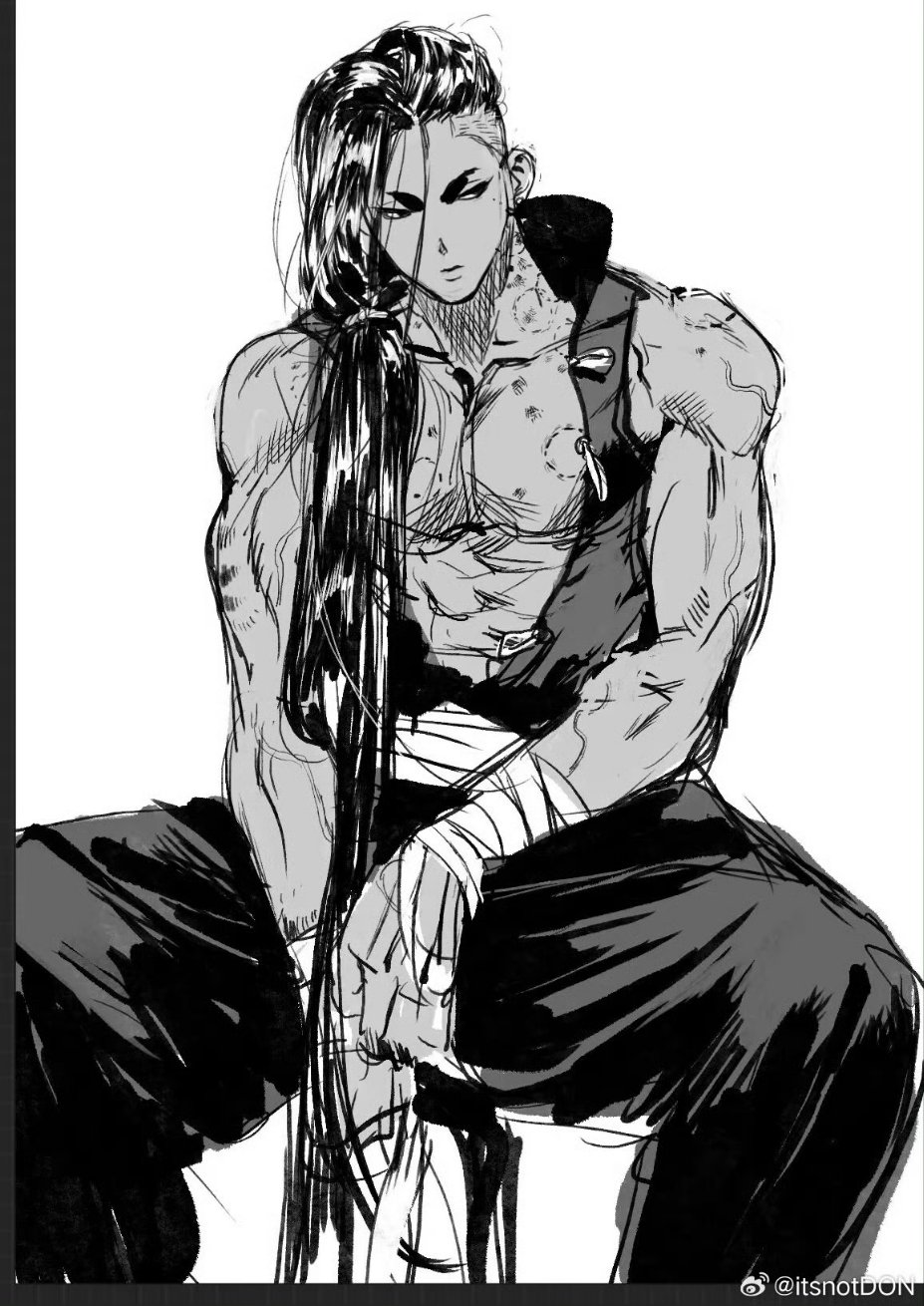 1boy, alsonotdon, bandaged_arm, bandages, bare_pectorals, bare_shoulders, bite_mark, bite_mark_on_chest