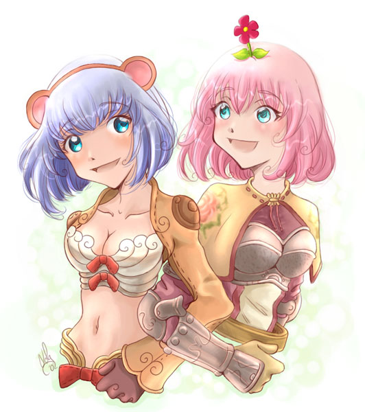 2girls, animal_ears, bad_id, blue_eyes, blue_hair, blush, bow, bow_bra
