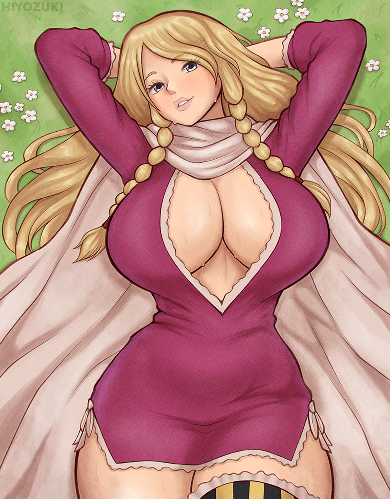 1girl, arms_behind_head, arms_up, blonde_hair, blue_eyes, braid, breasts, cape