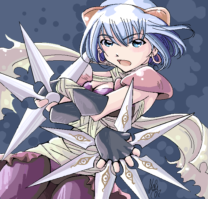 1girl, animal_ears, armor, assassin_(ragnarok_online), bad_id, bandages, bandages_over_clothes, blue_eyes