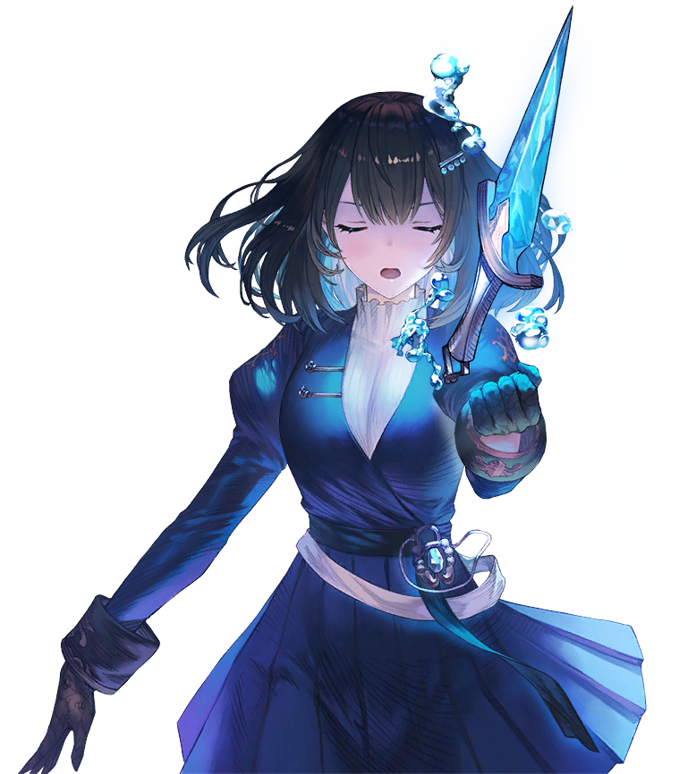 1girl, blue_dress, brown_dust_(series), brown_dust_2, brown_gloves, brown_hair, closed_eyes, dagger