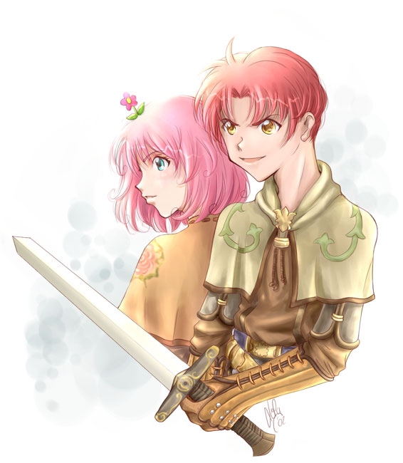 1boy, 1girl, bad_id, blue_eyes, brown_capelet, brown_gloves, brown_shirt, capelet