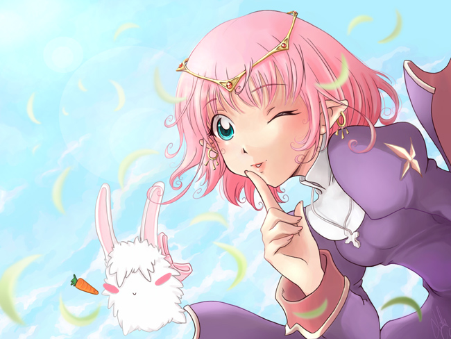 1girl, bad_id, blue_background, blush, carrot, circlet, commentary, cross