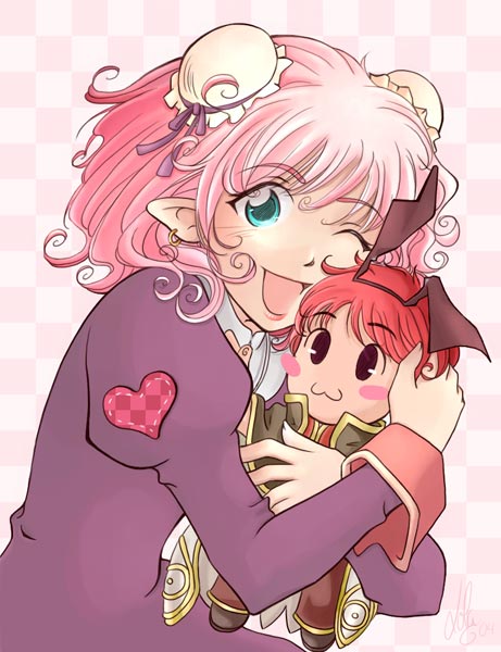 1girl, :3, bad_id, blue_eyes, blush, bun_cover, character_doll, checkered_background