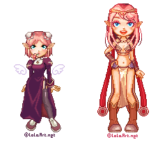 2girls, angel_wings, bikini, bikini_top_only, black_thighhighs, blue_eyes, boots, brown_bikini, brown_boots, brown_capelet, bun_cover, capelet, chibi, chibi_only, circlet, closed_mouth, commentary, detached_wings, double_bun, dress, english_commentary, full_body, garter_straps, hair_bun, juliet_sleeves, lola-art, long_sleeves, looking_at_viewer, lowres, medium_hair, multiple_girls, navel, open_mouth, pelvic_curtain, pink_hair, pointy_ears, priest_(ragnarok_online), puffy_sleeves, purple_dress, ragnarok_online, sage_(ragnarok_online), short_hair, simple_background, smile, standing, swimsuit, thighhighs, white_background, white_wings, wings