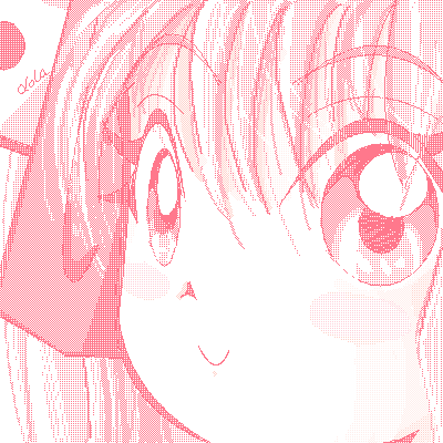 1girl, bad_id, blush, close-up, closed_mouth, commentary, dated_commentary, di_gi_charat, english_commentary, hair_between_eyes, lola-art, long_hair, lowres, monochrome, oekaki, pink_theme, signature, smile, solo, usada_hikaru