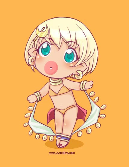 1girl, bad_id, bikini, blonde_hair, blue_eyes, blush, chibi, chibi_only, coin_(ornament), commentary, crescent, crescent_hair_ornament, dancer_(ragnarok_online), dated_commentary, earrings, english_commentary, full_body, hair_ornament, jewelry, lips, lola-art, looking_at_viewer, neck_ring, opencanvas_(medium), orange_background, pointy_ears, ragnarok_online, short_hair, simple_background, solo, standing, swimsuit, yellow_bikini