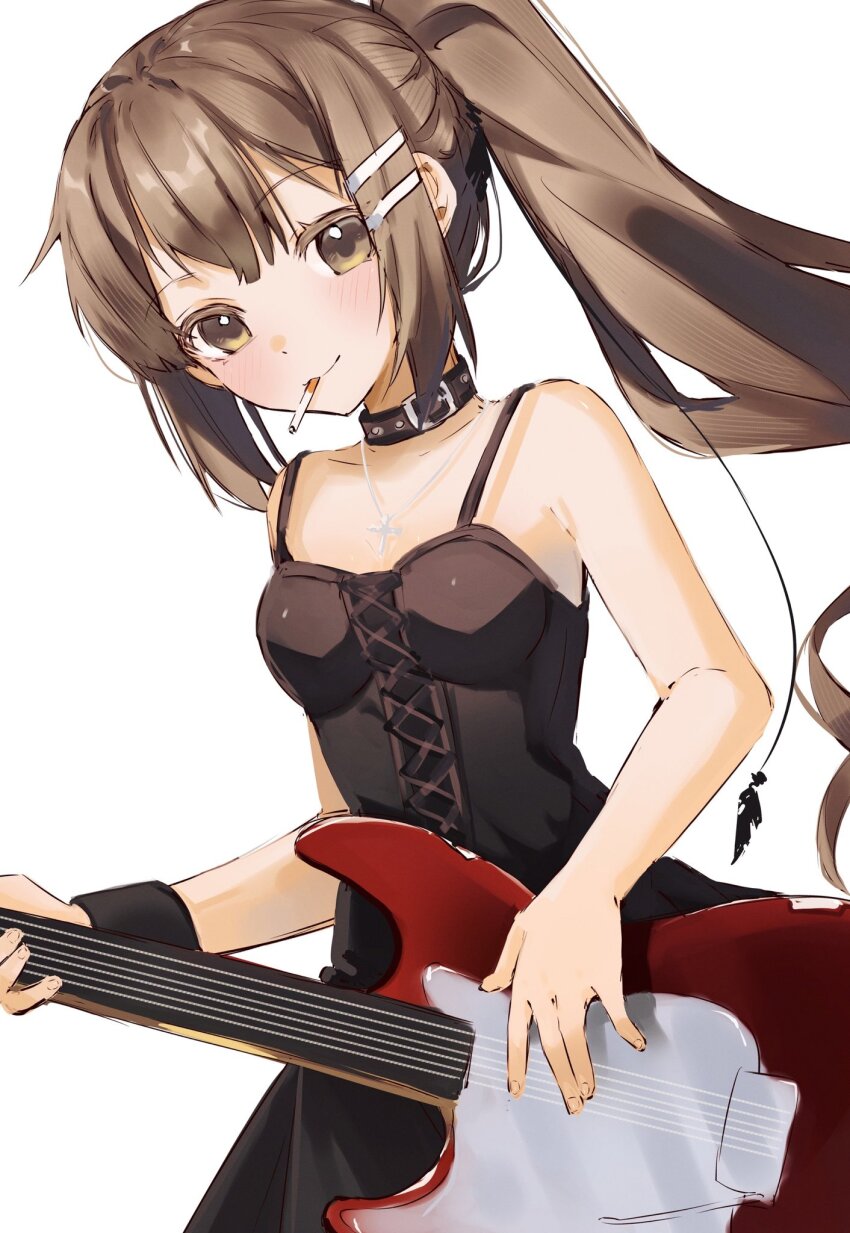 1girl, 2024, bare_shoulders, black_choker, black_dress, blush, brown_eyes, brown_hair