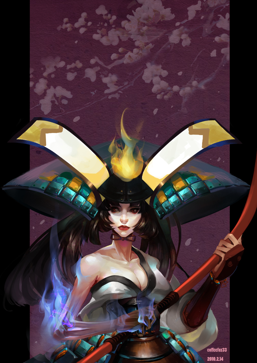 1girl, blue_fire, bow_(weapon), breasts, brown_hair, coffeefox33, female_focus, fire