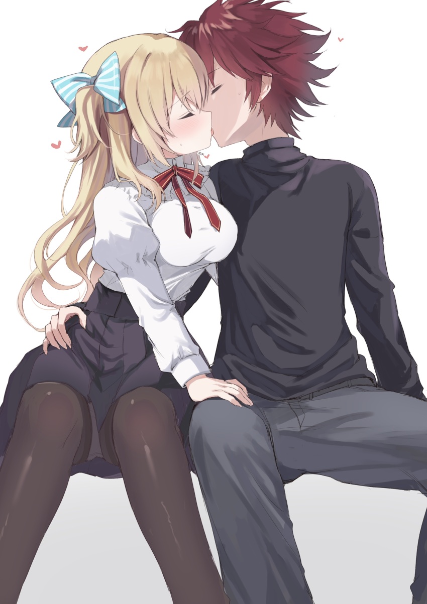 1boy, 1girl, absurdres, arm_around_another's_waist, black_pants, black_pantyhose, black_shirt, black_skirt