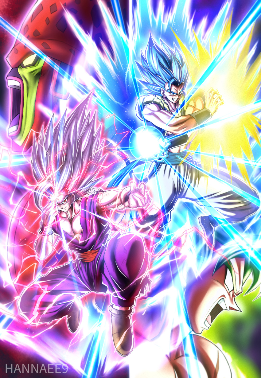 4boys, aura, black_vest, blue_aura, broly_(dragon_ball_super), cell_max, crossed_arms, dragon_ball