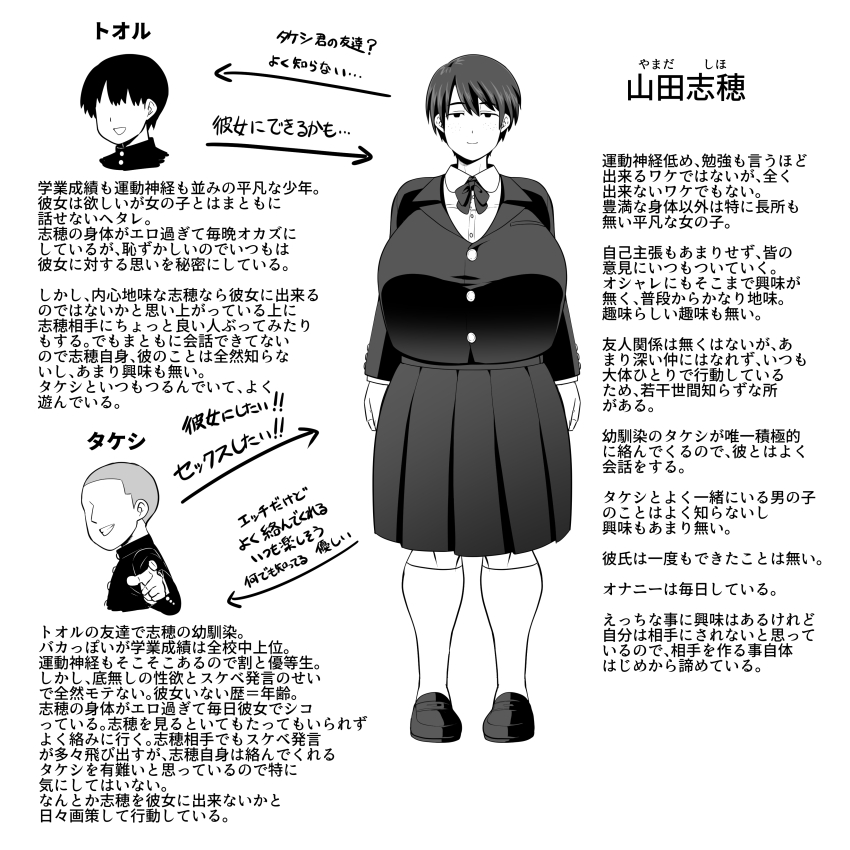 1girl, 2boys, absurdres, amazon_(taitaitaira), breasts, freckles, frontal_view, highres