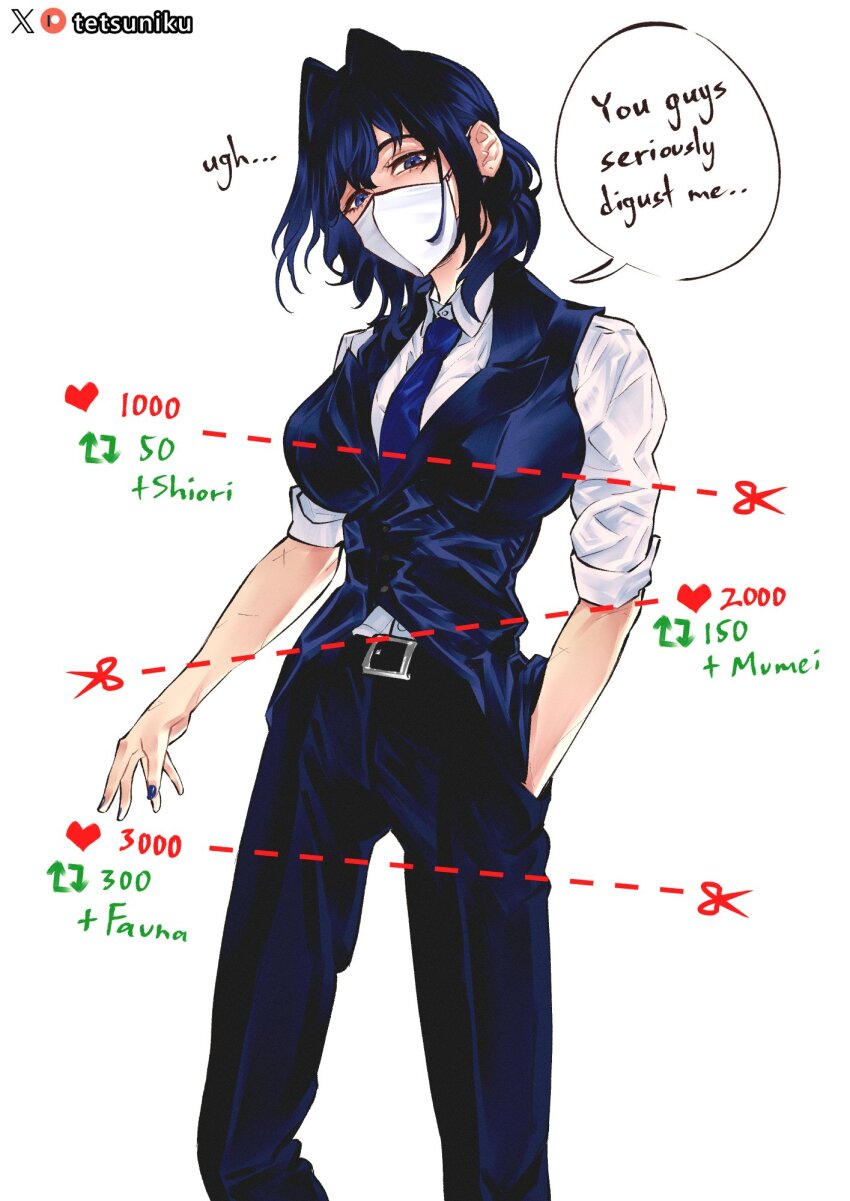 1girl, artist_name, blue_eyes, blue_hair, blue_nails, blue_necktie, blue_pants, blue_vest