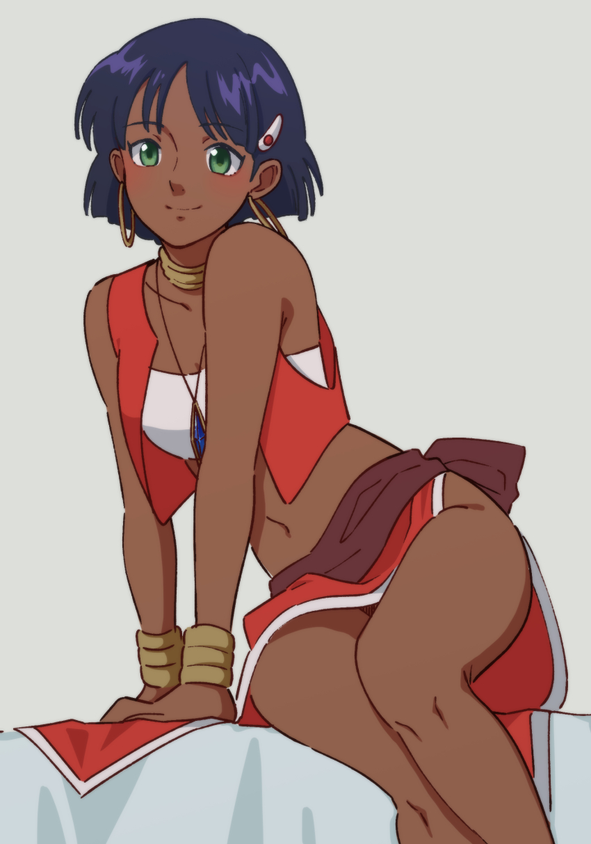 1girl, bandeau, bare_shoulders, belt, blue_gem, blunt_ends, blush, bob_cut, bracelet, breasts, brown_belt, brown_sash, collarbone, commentary, cropped_vest, dark-skinned_female, dark_skin, earrings, feet_out_of_frame, fushigi_no_umi_no_nadia, gem, gold_bracelet, gold_earrings, green_eyes, hair_ornament, hairclip, highres, hoop_earrings, jewelry, leaning_to_the_side, light_blush, light_smile, looking_ahead, medium_breasts, midriff, nadia_la_arwall, navel, neck_ring, necklace, on_bed, open_clothes, open_vest, own_hands_together, pelvic_curtain, pendant, purple_hair, red_skirt, red_vest, rio30, short_hair, sitting, skirt, sleeveless, smile, solo, strapless, tube_top, v_arms, vest, white_background, white_bandeau, white_trim, yokozuwari