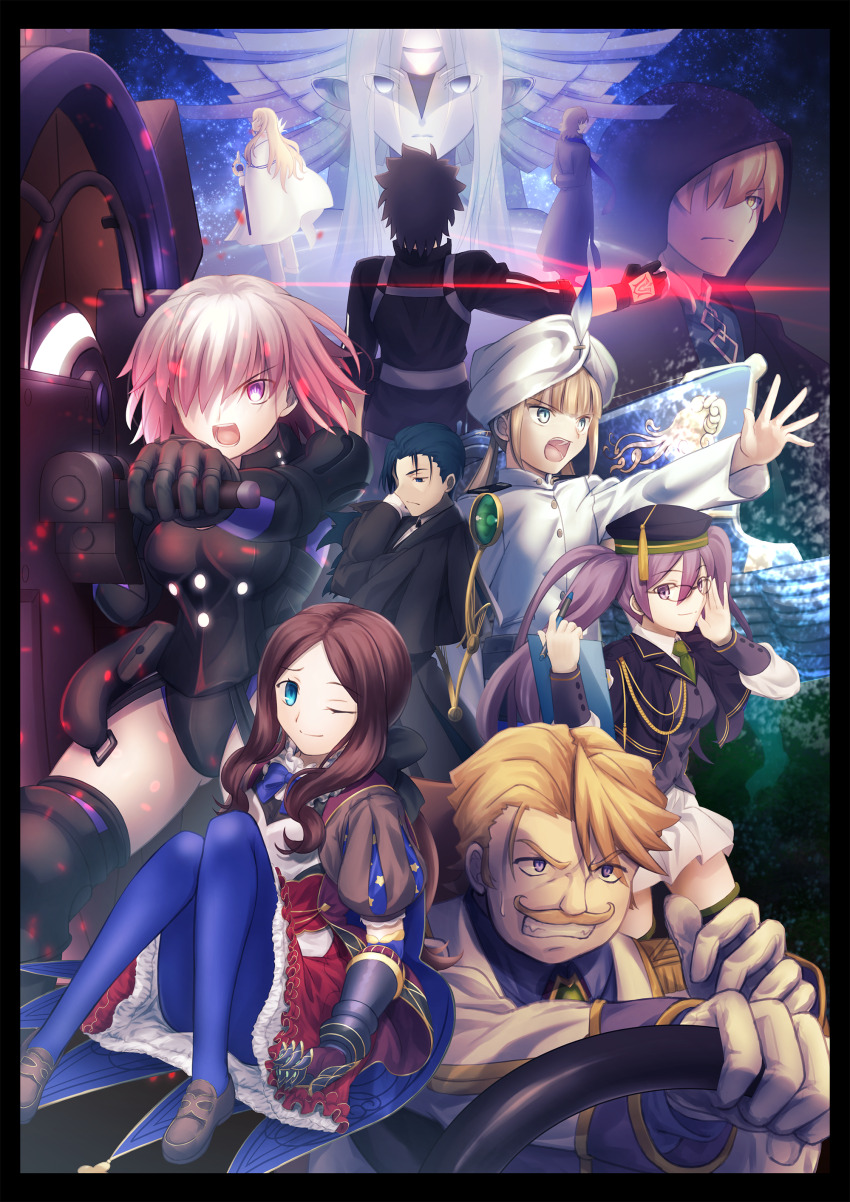 absurdres, armor, armored_leotard, arms_behind_back, black-framed_eyewear, black_armor, black_capelet, black_cloak, black_gloves, black_hair, black_jacket, blonde_hair, blue_eyes, blue_pantyhose, brown_hair, buttons, cape, capelet, captain_nemo_(fate), chaldea_no_mono, cloak, colored_skin, command_spell, commentary_request, dress, facial_hair, fate/grand_order, fate_(series), fingerless_gloves, from_behind, fujimaru_ritsuka_(male), fujimaru_ritsuka_(male)_(polar_chaldea_uniform), gauntlets, glasses, gloves, goredolf_musik, green_necktie, grey_eyes, grey_hair, grey_skin, grigori_rasputin_(fate), gun, hair_over_one_eye, hat, highres, holding, holding_gun, holding_staff, holding_weapon, hood, hood_up, hooded_cloak, jacket, juliet_sleeves, kirschtaria_wodime, kotomine_kirei, leonardo_da_vinci_(fate), leonardo_da_vinci_(fate/grand_order), leonardo_da_vinci_(rider)_(fate), leonardo_da_vinci_(rider)_(first_ascension)_(fate), leotard, long_hair, long_sleeves, mash_kyrielight, mash_kyrielight_(ortenaus), multiple_boys, multiple_girls, mustache, necktie, nemo_(fate), one_eye_closed, one_eye_covered, orange_hair, pantyhose, pink_hair, pointy_ears, ponytail, priestess_of_the_alien_god, puffy_sleeves, purple_eyes, purple_hair, purple_hat, red_dress, sherlock_holmes_(fate), shoori_(migiha), short_hair, sion_eltnam_(type-moon), sion_eltnam_sokaris, sitting, smile, staff, twintails, very_long_hair, weapon, white_cape, white_gloves, yellow_eyes