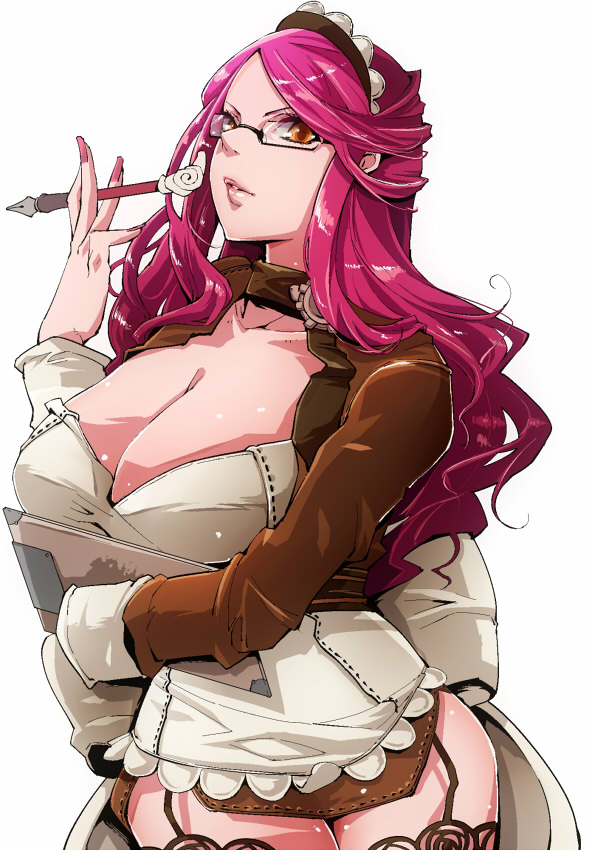 1girl, apron, arm_under_breasts, back_bow, bow, breasts, brown_dress, cevoy, cleavage, cleavage_cutout, clipboard, clothing_cutout, commentary_request, cowboy_shot, dress, frilled_apron, frills, garter_straps, glasses, gloves, holding, holding_clipboard, holding_pen, huge_breasts, kafra_uniform, lips, long_hair, long_sleeves, looking_at_viewer, lyrus_(ragnarok_online), maid, maid_headdress, orange_eyes, pen, pink_hair, puffy_short_sleeves, puffy_sleeves, ragnarok_online, short_dress, short_sleeves, simple_background, solo, swept_bangs, white_apron, white_background, white_bow, white_gloves