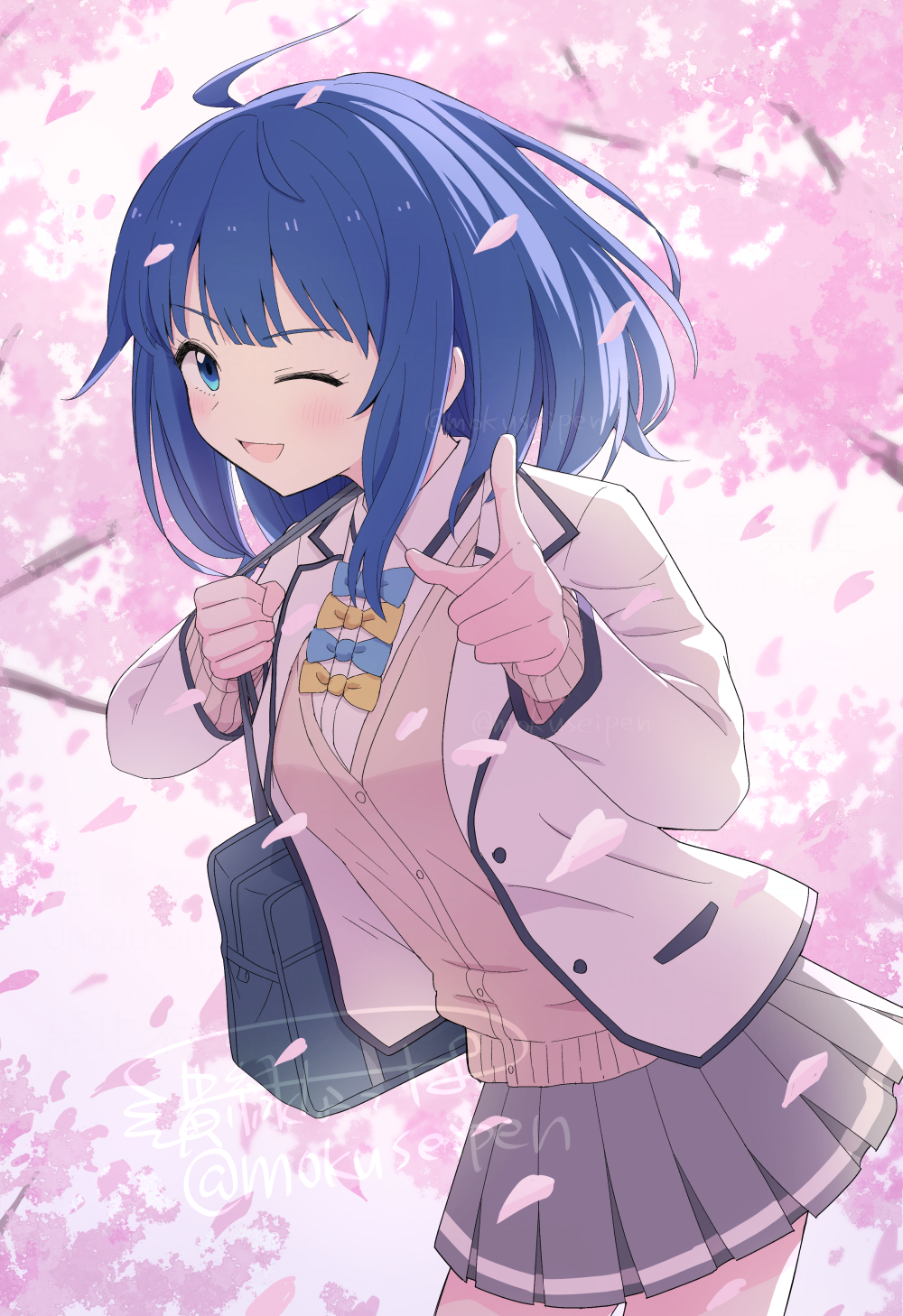 1girl, blue_bow, blue_bowtie, blue_eyes, blue_hair, blush, bow, bowtie, breasts, cherry_blossoms, grey_skirt, highres, make_heroine_ga_oo_sugiru!, medium_breasts, medium_hair, mokuseipen, one_eye_closed, petals, pink_petals, pointing, school_uniform, skirt, solo, tsuwabuki_high_school_uniform, yanami_anna, yellow_bow