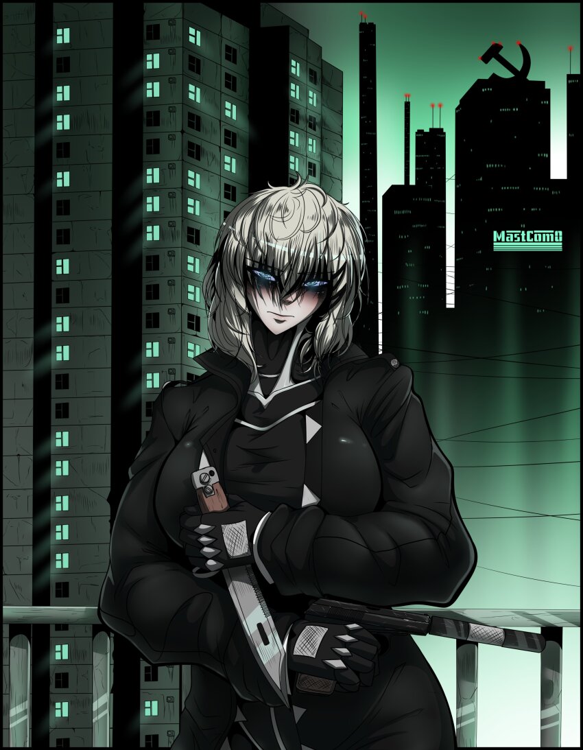 1girl, absurdres, bags_under_eyes, black_bodysuit, blue_eyes, bodysuit, breasts, coat, cyberpunk, gun, hair_ornament, hairclip, handgun, highres, holding, holding_gun, holding_knife, holding_weapon, knife, large_breasts, looking_at_viewer, marie_(peripeteia), mastcom0, medium_hair, open_clothes, open_coat, peripeteia, popped_collar, ringed_eyes, solo, standing, trench_coat, triangle_button, weapon, white_hair