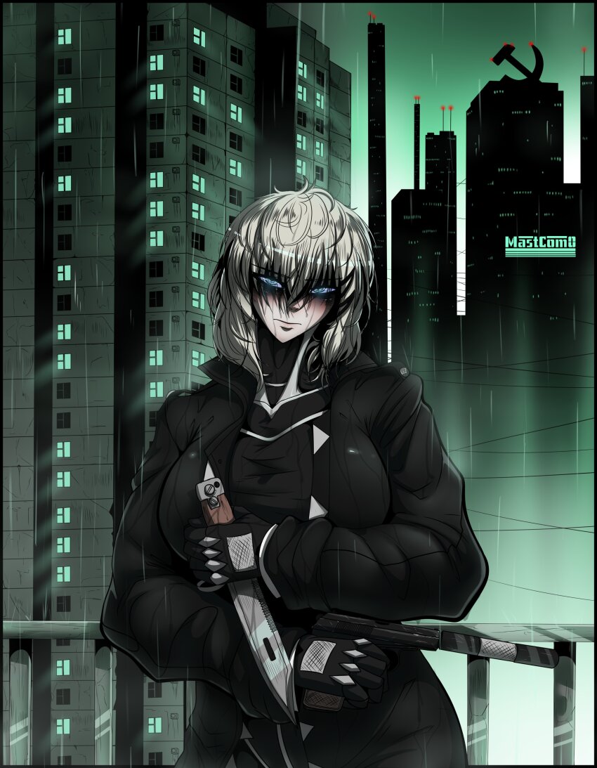 1girl, absurdres, bags_under_eyes, black_bodysuit, blue_eyes, bodysuit, breasts, coat