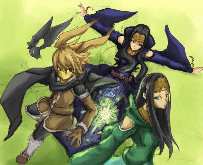 bat_(animal), black_hair, blue_eyes, dress, duel_monster, gloves, green_eyes, long_hair, magical_exemplar, night's_end_sorcerer, tempest_magician, yu-gi-oh!