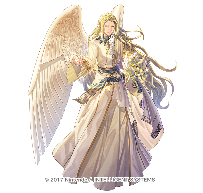 1boy, alternate_costume, blonde_hair, bouquet, copyright_notice, feathered_wings, fire_emblem, fire_emblem:_radiant_dawn