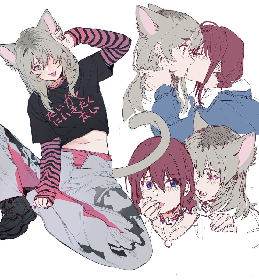 2girls, animal_ears, black_nails, black_shirt, black_shoes, blue_jacket, blush, cat_ears