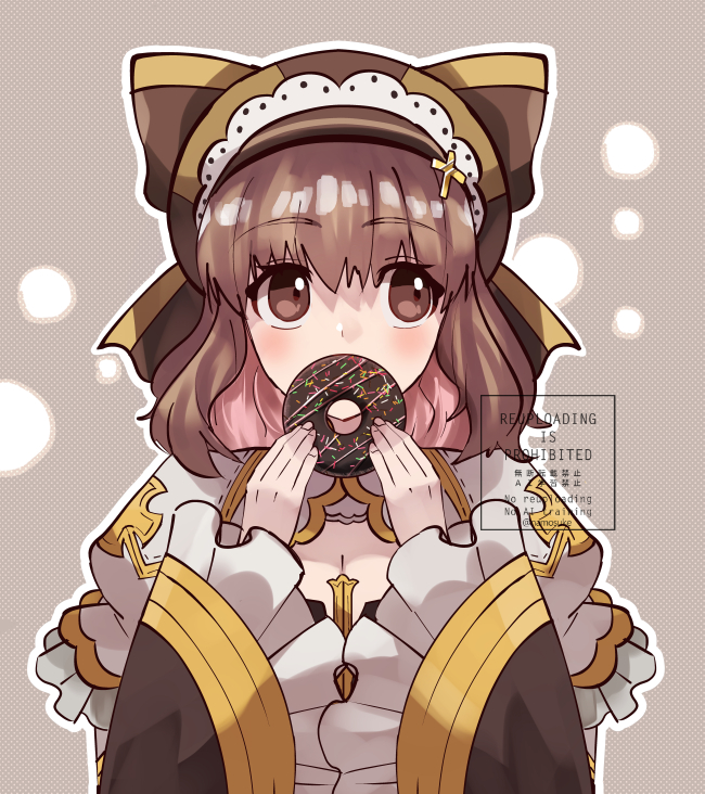 1girl, arch_bishop_(ragnarok_online), blush, breasts, brown_dress, brown_eyes, brown_hair, brown_hat
