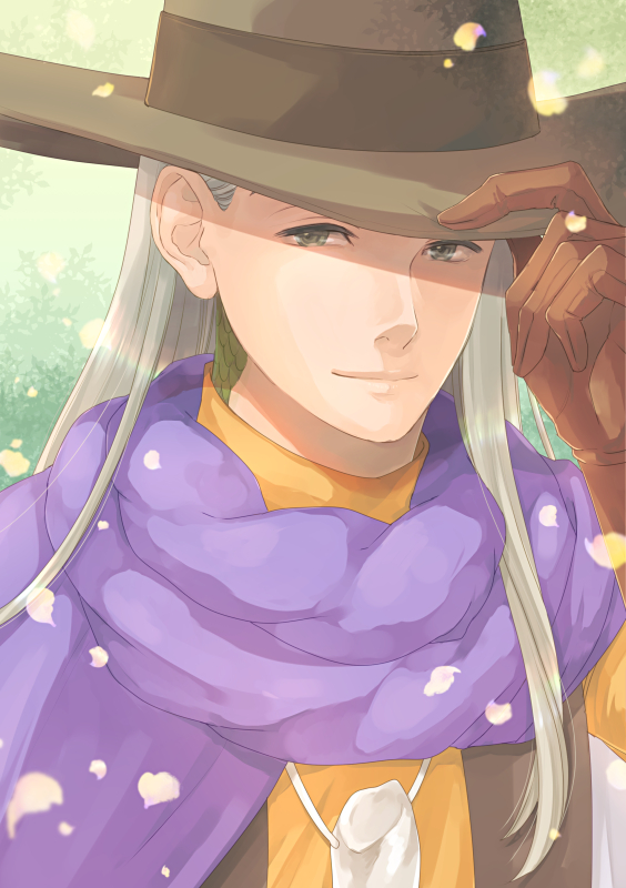 1boy, blonde_hair, brown_gloves, brown_hat, brown_vest, cape, closed_mouth, commentary_request