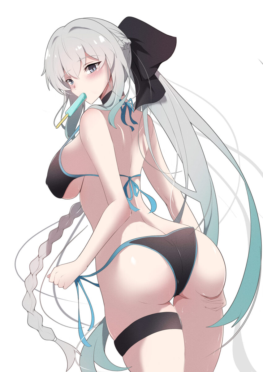 1girl, absurdres, bare_shoulders, bikini, black_bikini, black_bow, blue_eyes, blue_lips