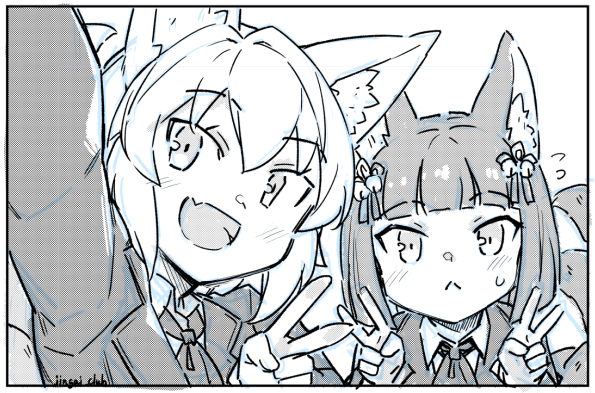 2girls, :<, :d, animal_ear_fluff, animal_ears, artist_name, bell, black_border, blazer, blunt_bangs, border, commentary_request, double_v, fang, flying_sweatdrops, fox_ears, fox_girl, fox_tail, hair_bell, hair_between_eyes, hair_ornament, hair_ribbon, jacket, jingai_modoki, kamuro_(mon-musu_quest!), kitsu_(mon-musu_quest!), long_sleeves, looking_at_viewer, mon-musu_quest!, monochrome, multiple_girls, multiple_tails, neck_ribbon, open_mouth, ribbon, screentones, selfie, short_hair, skin_fang, smile, sweatdrop, tail, upper_body, v
