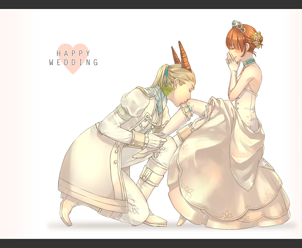 1boy, 1girl, bare_shoulders, black_border, blonde_hair, blue_ribbon, blunt_bangs, boots, border, brown_hair, closed_eyes, commentary_request, couple, dragon_boy, dragon_quest, dragon_quest_x, dress, flower, gloves, green_scales, hair_bun, hair_flower, hair_ornament, hair_pulled_back, hair_ribbon, happy_wedding, heart, heroine_(dq10), hetero, high_heels, hinomiya_riyu, horns, kissing_knee, kurouzu_(dq10), long_hair, monster_boy, on_one_knee, open_mouth, orange_horns, pants, ponytail, profile, ribbon, sitting, smile, thighhighs, tiara, wedding, wedding_dress, white_boots, white_gloves, white_pants, white_theme, white_thighhighs